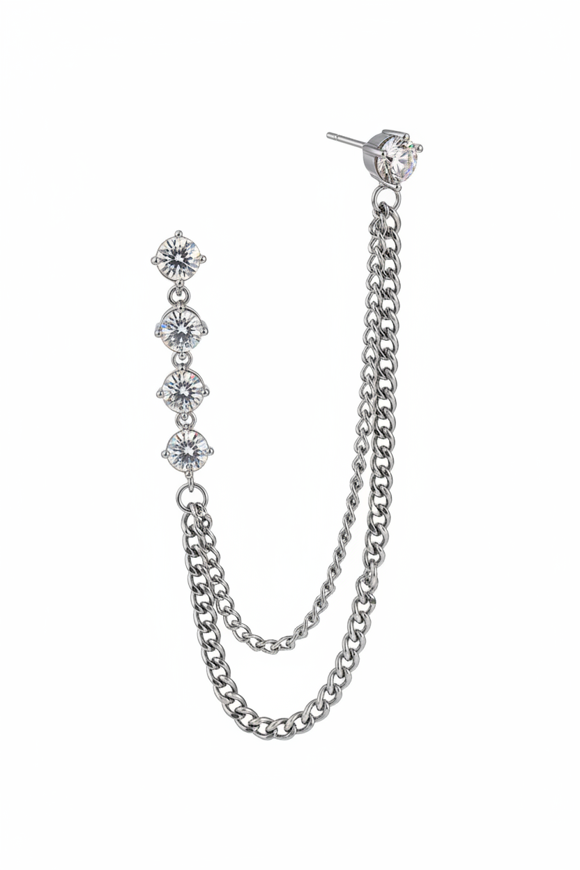 3 cristalli + stud catena curb argento - 3/4