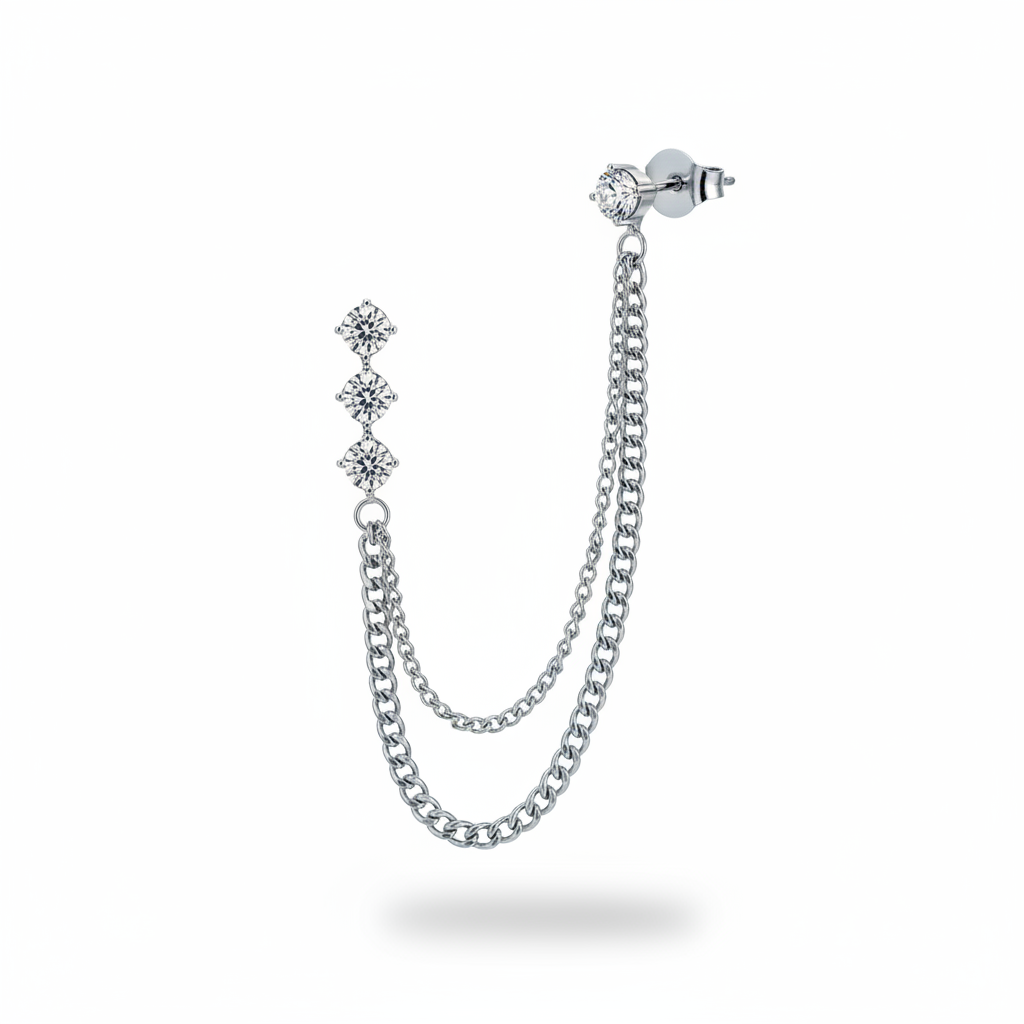 3 cristalli + stud catena curb argento - frontale
