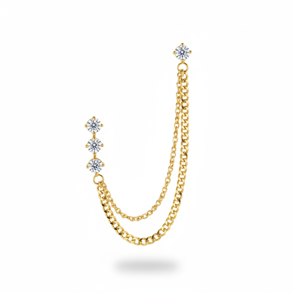 3 cristalli + stud catena curb oro - frontale