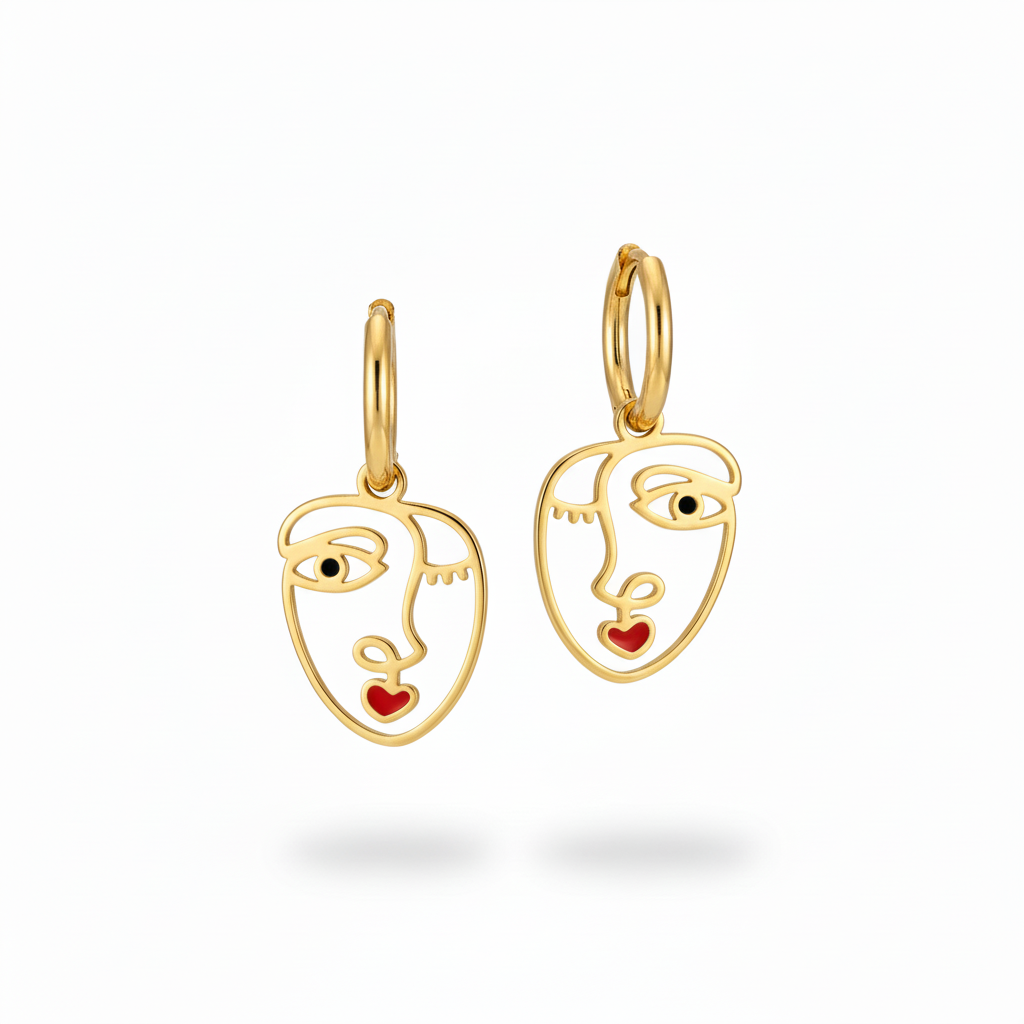 Abstract Face Earrings – Gold Black Pupils