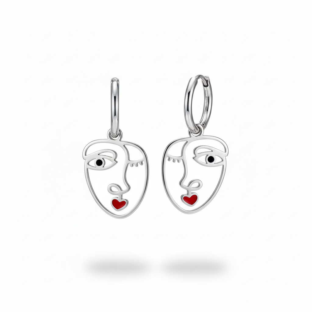 Abstract Face Earrings – Silver Black Pupils