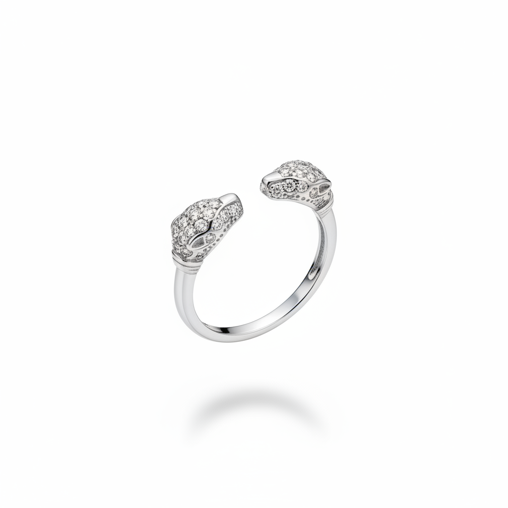 Anello doppia pantera argento - angolazione 45°
