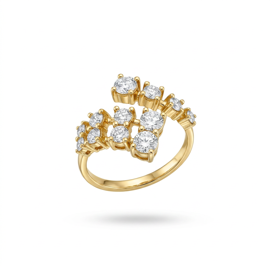 Anello fluttuante su sfondo bianco, vista a tre quarti