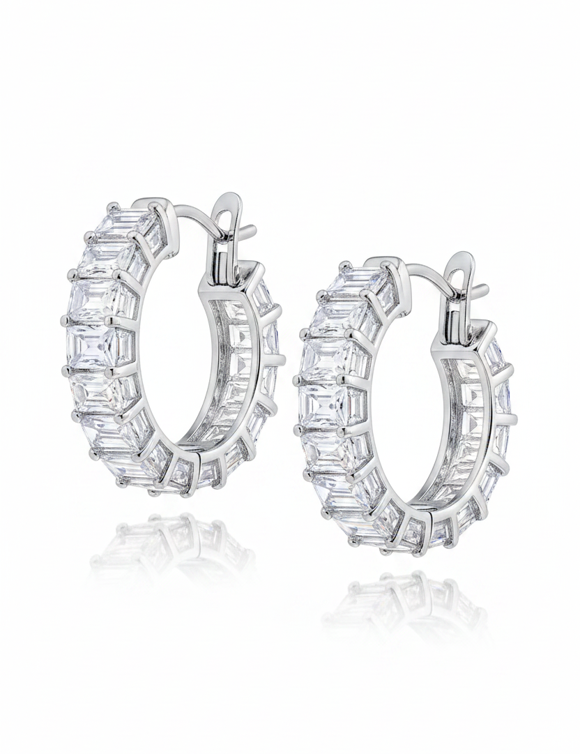 Baguette Hoop Earrings Silver