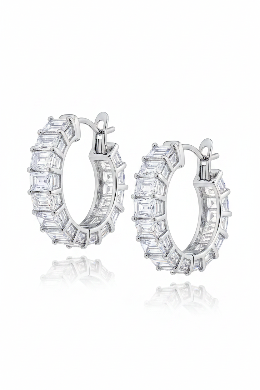 Baguette Hoop Earrings Silver