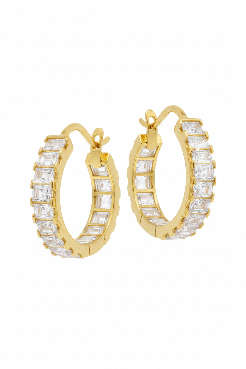 Baguette Hoop Earrings Yellow Gold
