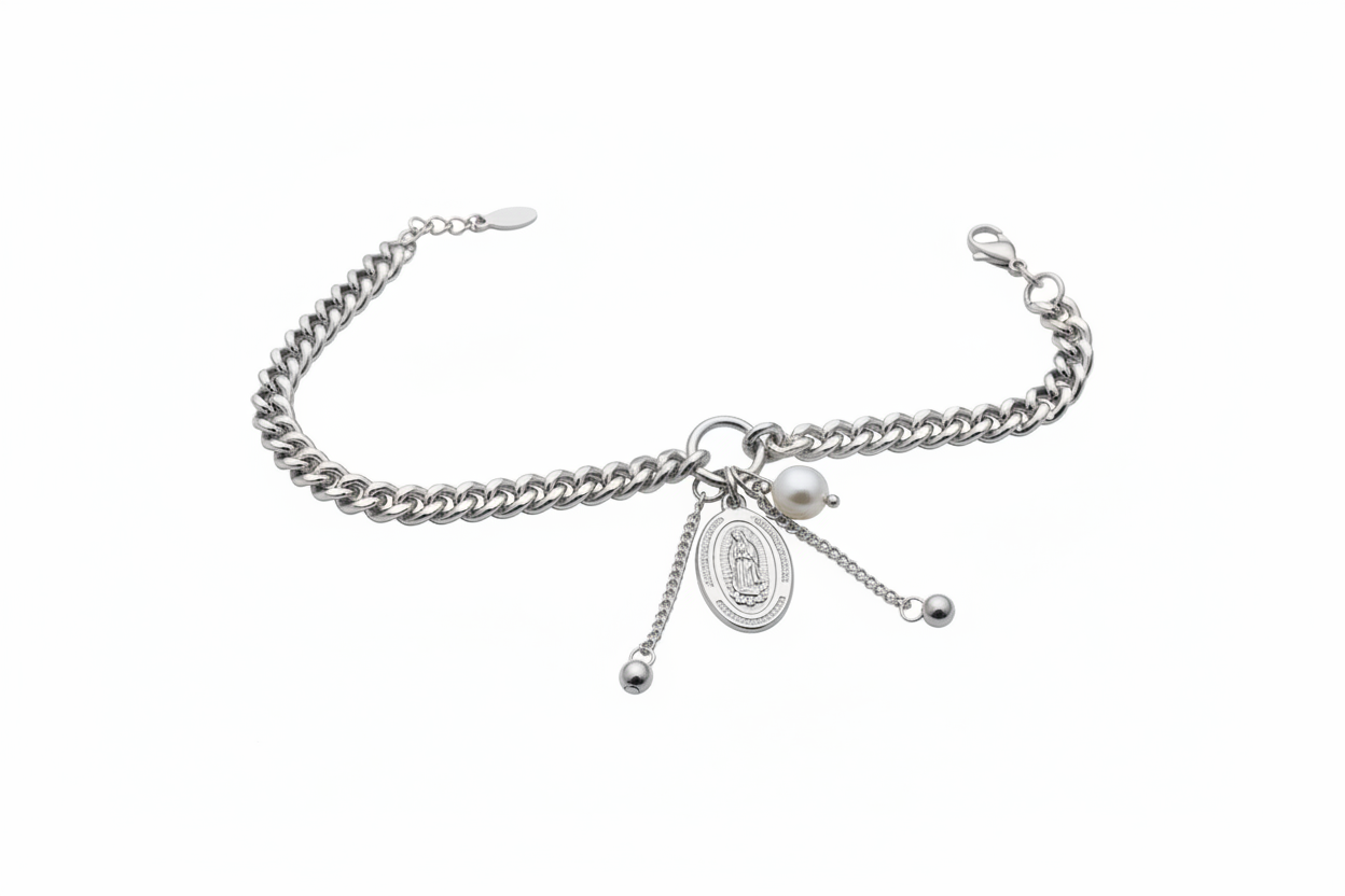 Bracciale argento catena grumetta con medaglione Madonna - vista completa