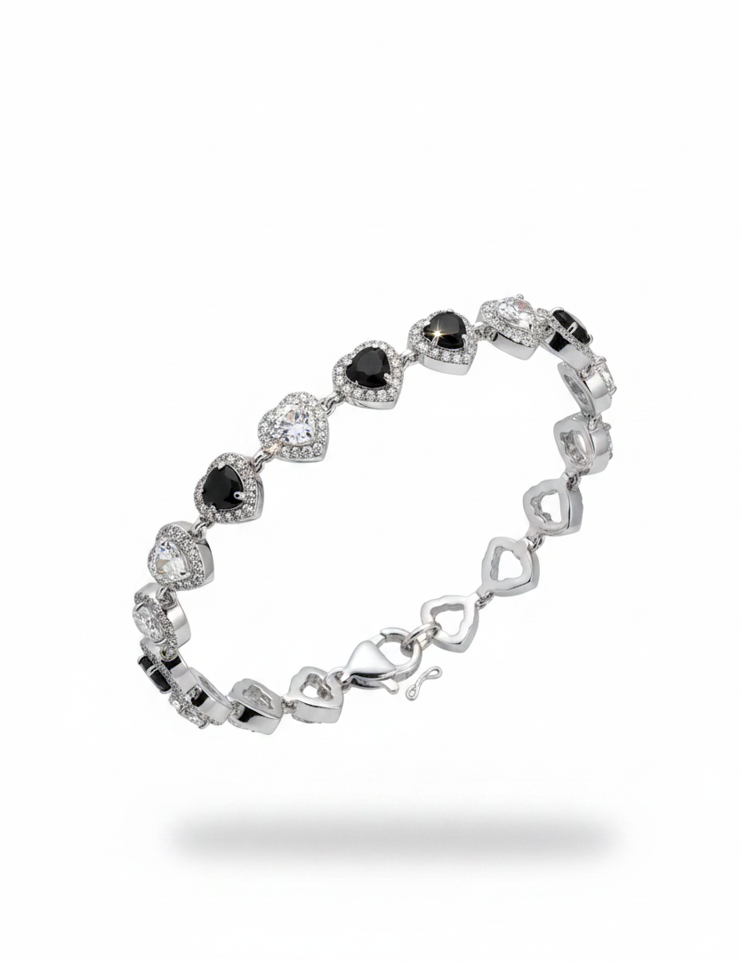Bracciale Cuori Neri Alternati Argento