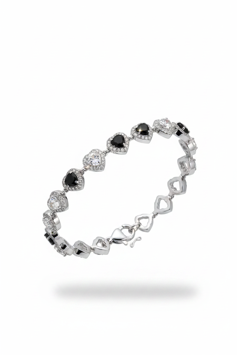 Bracciale Cuori Neri Alternati Argento