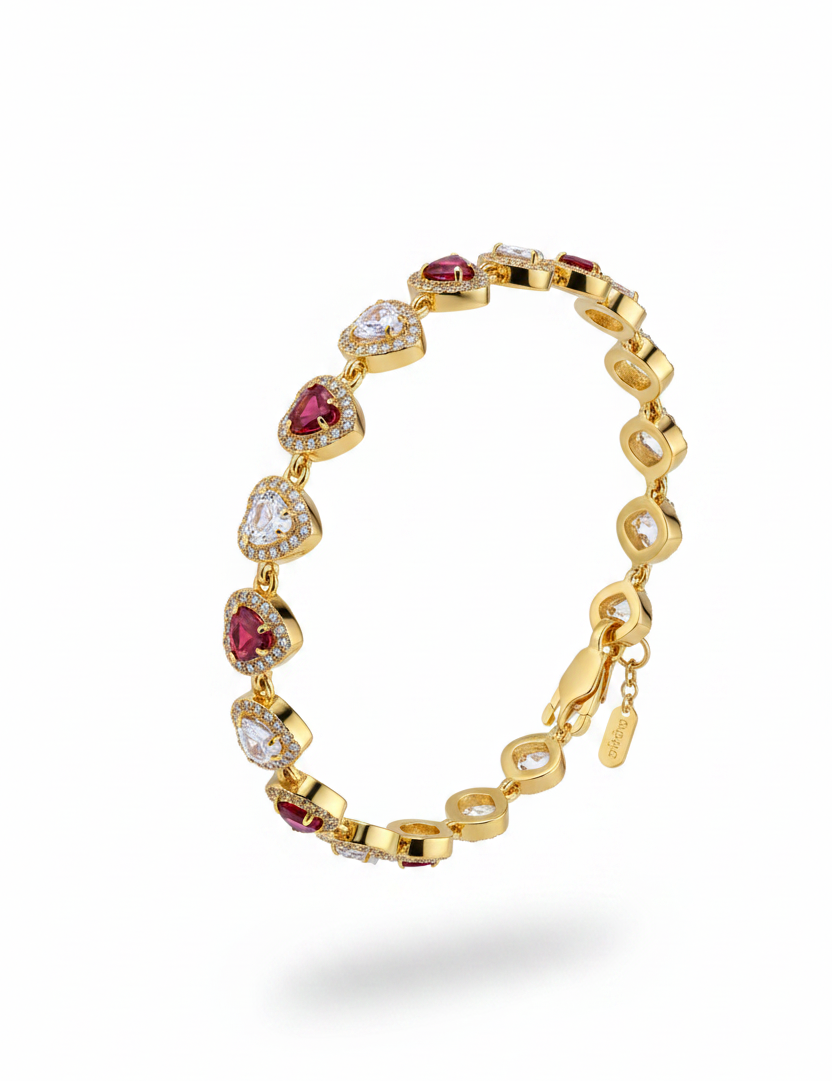 Bracciale Cuori Rossi Alternati Oro