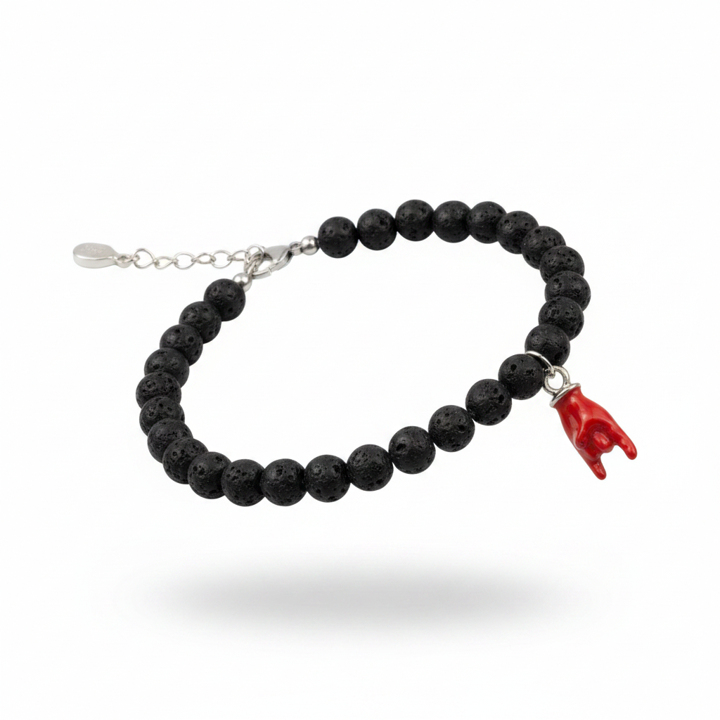 Bracciale lava con corallo rosso - sfondo bianco