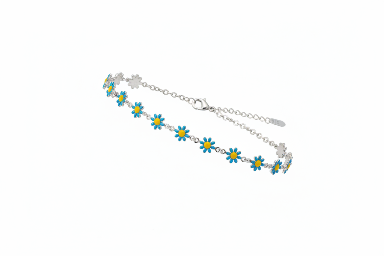 Bracciale margheritine blu gialle - vista tre quarti