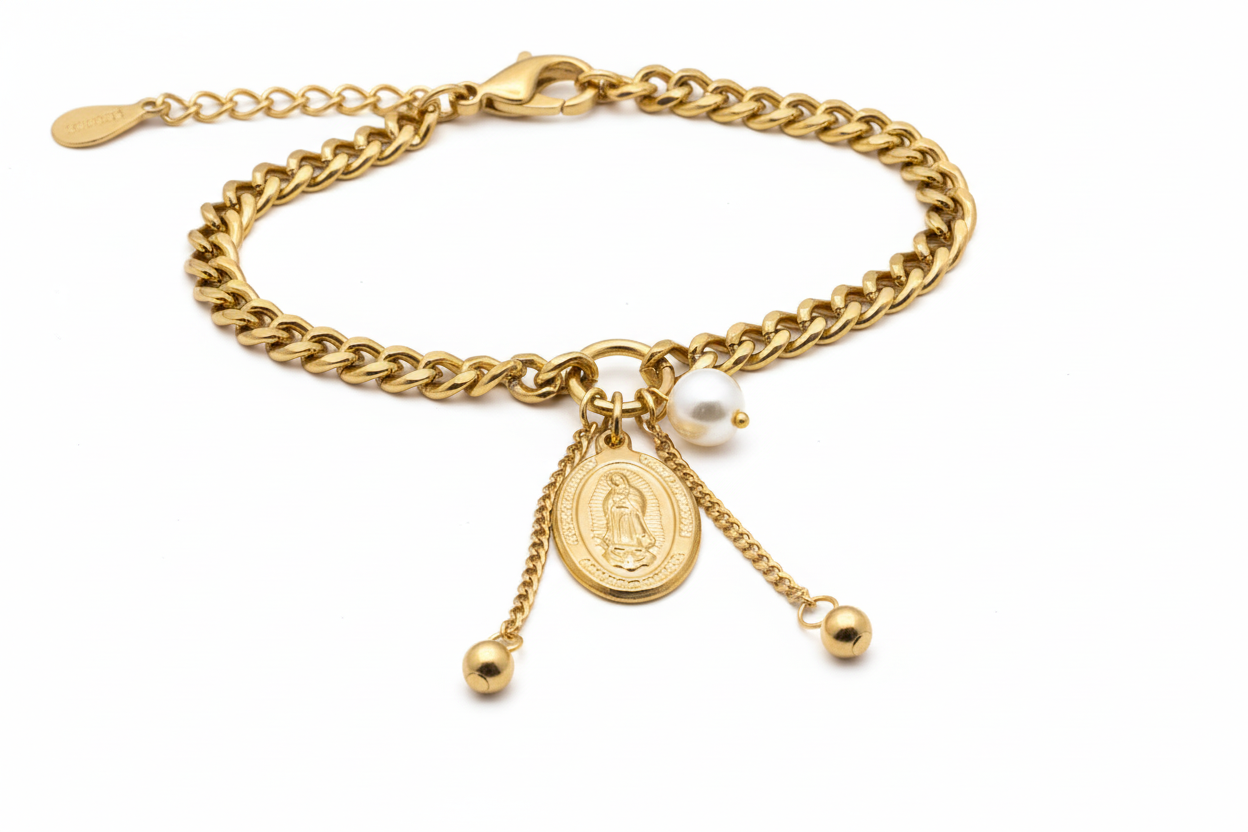 Bracciale oro catena grumetta con medaglione - dettaglio charm