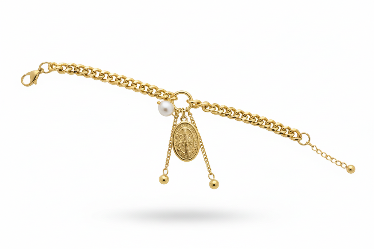 Bracciale oro catena grumetta con medaglione Madonna - vista completa
