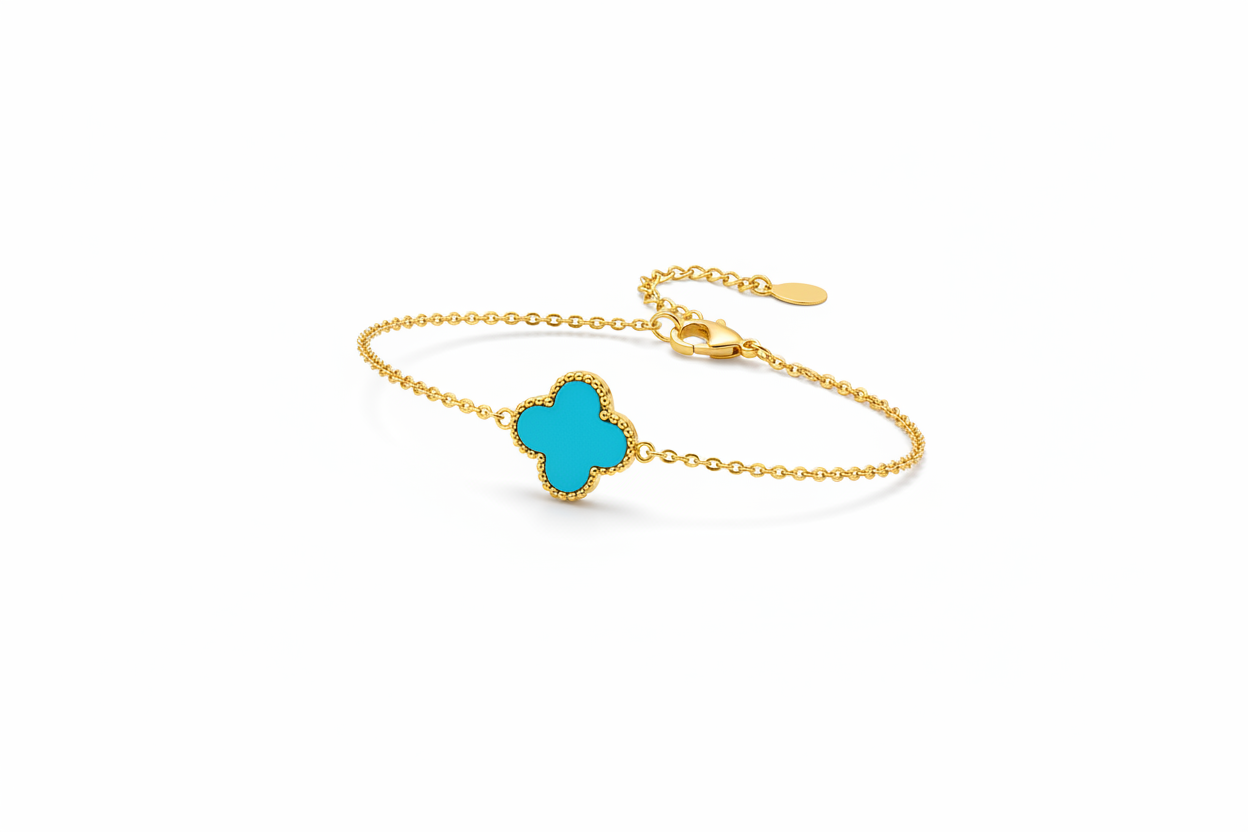 Bracciale oro quadrifoglio turchese - vista tre quarti