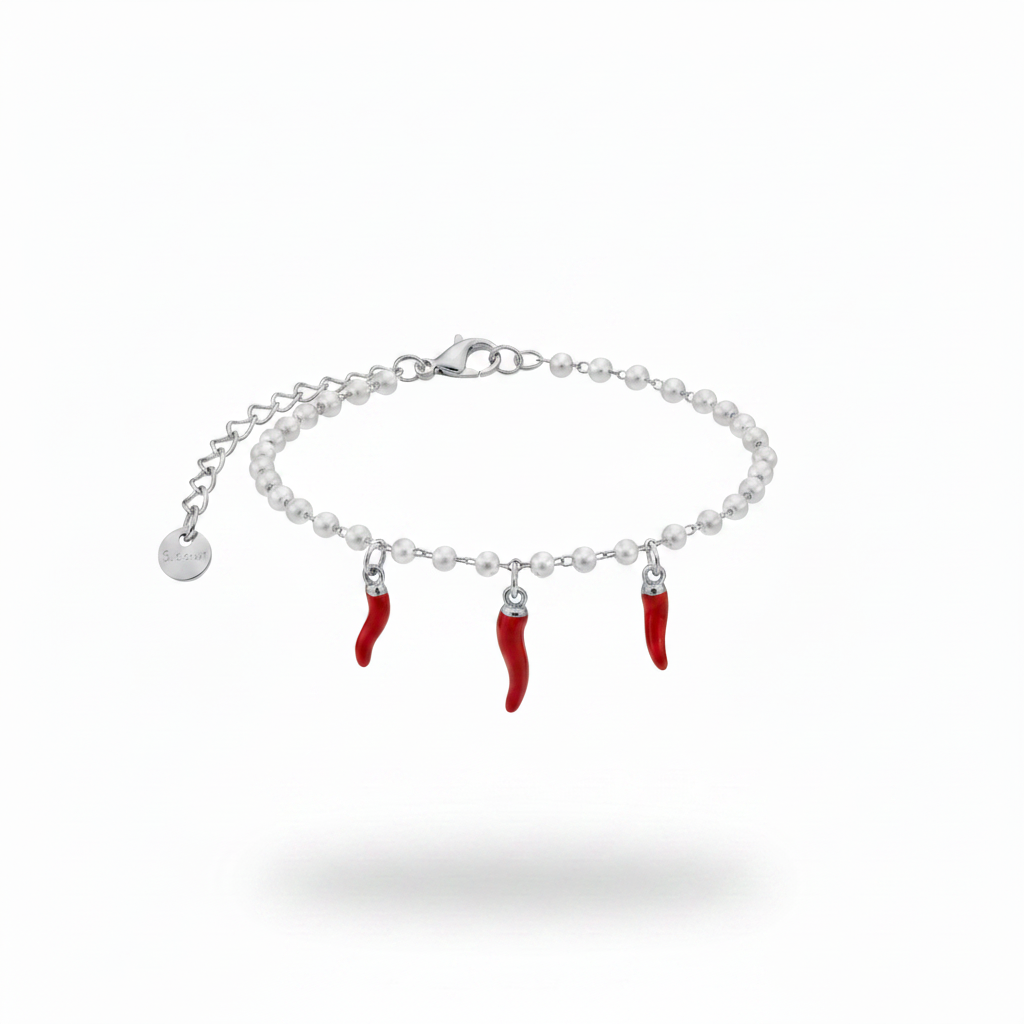 Bracciale perle e cornetti - versione argento