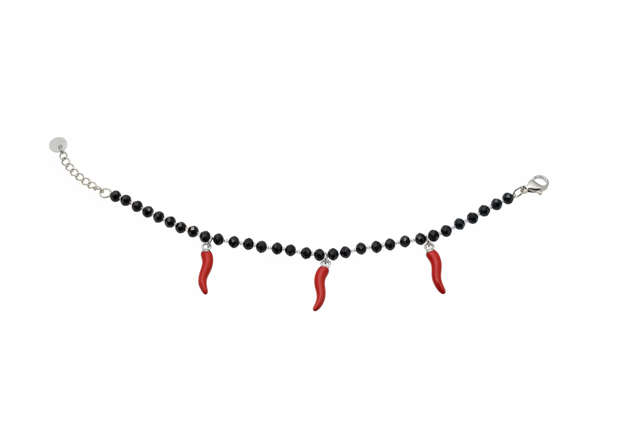 Bracciale perline nere 3 cornetti rossi - dettaglio