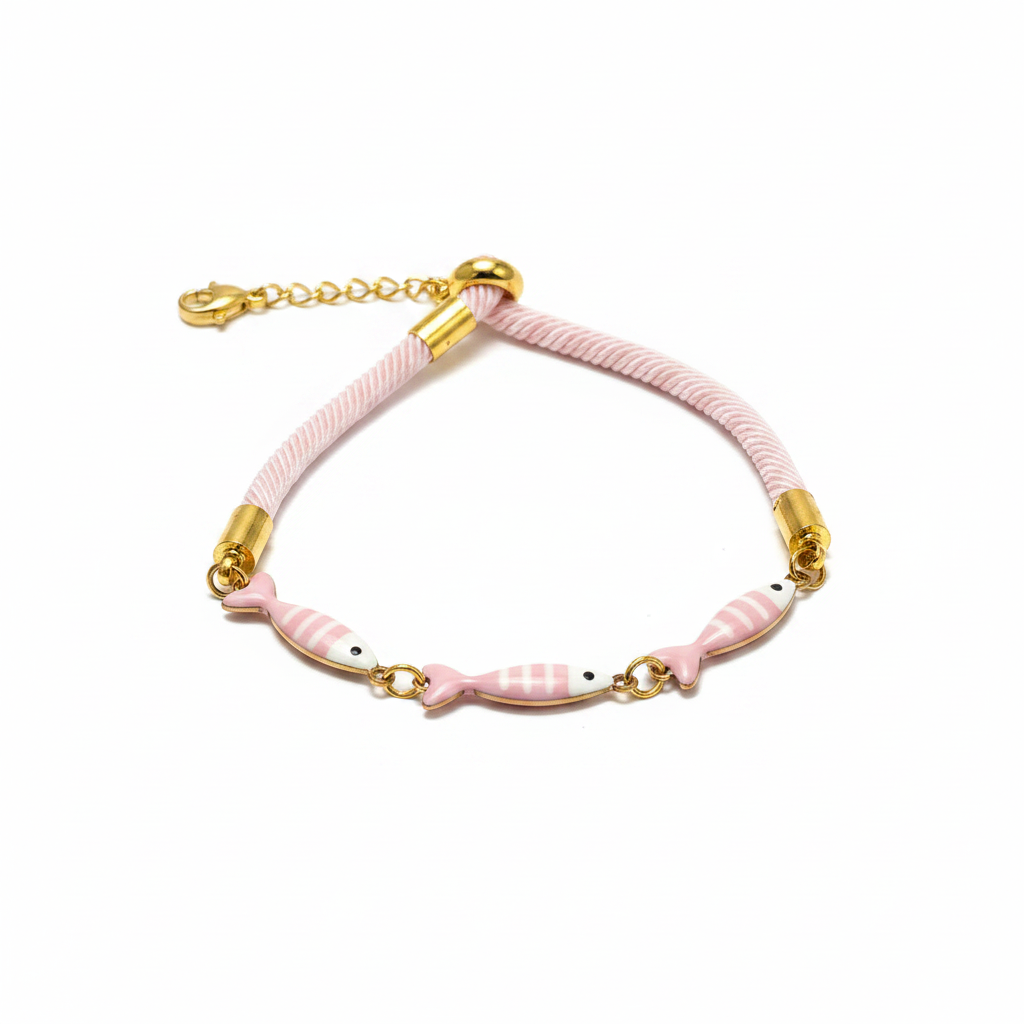 Bracciale rosa 3 pesciolini oro