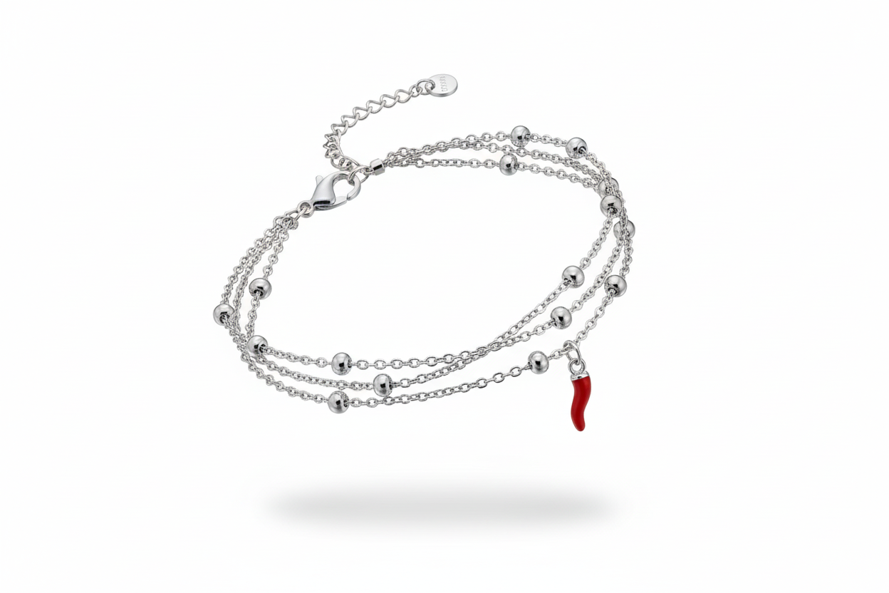 Bracciale tre catenine argento con cornetto rosso - vista completa