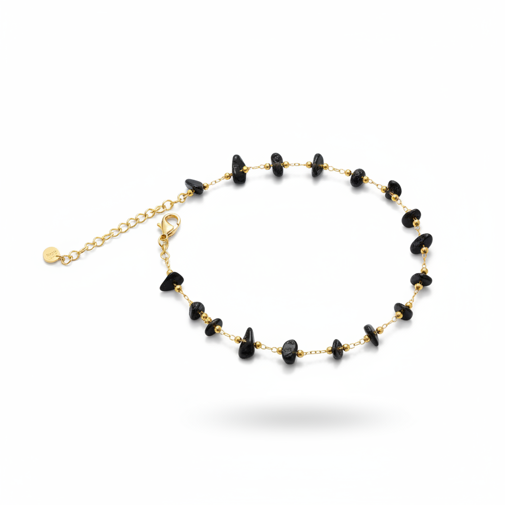 Cavigliera catena oro con pietre nere