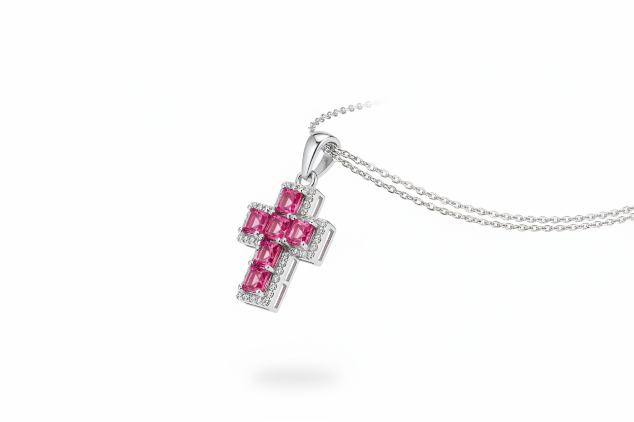 Collana argento con croce pietre rosa quadrate - vista laterale