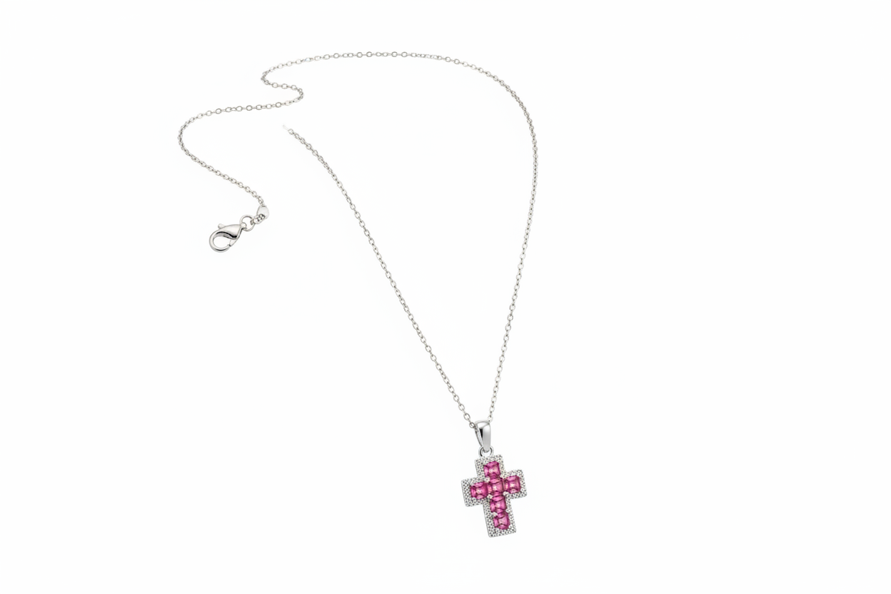 Collana argento con croce pietre rosa - vista completa