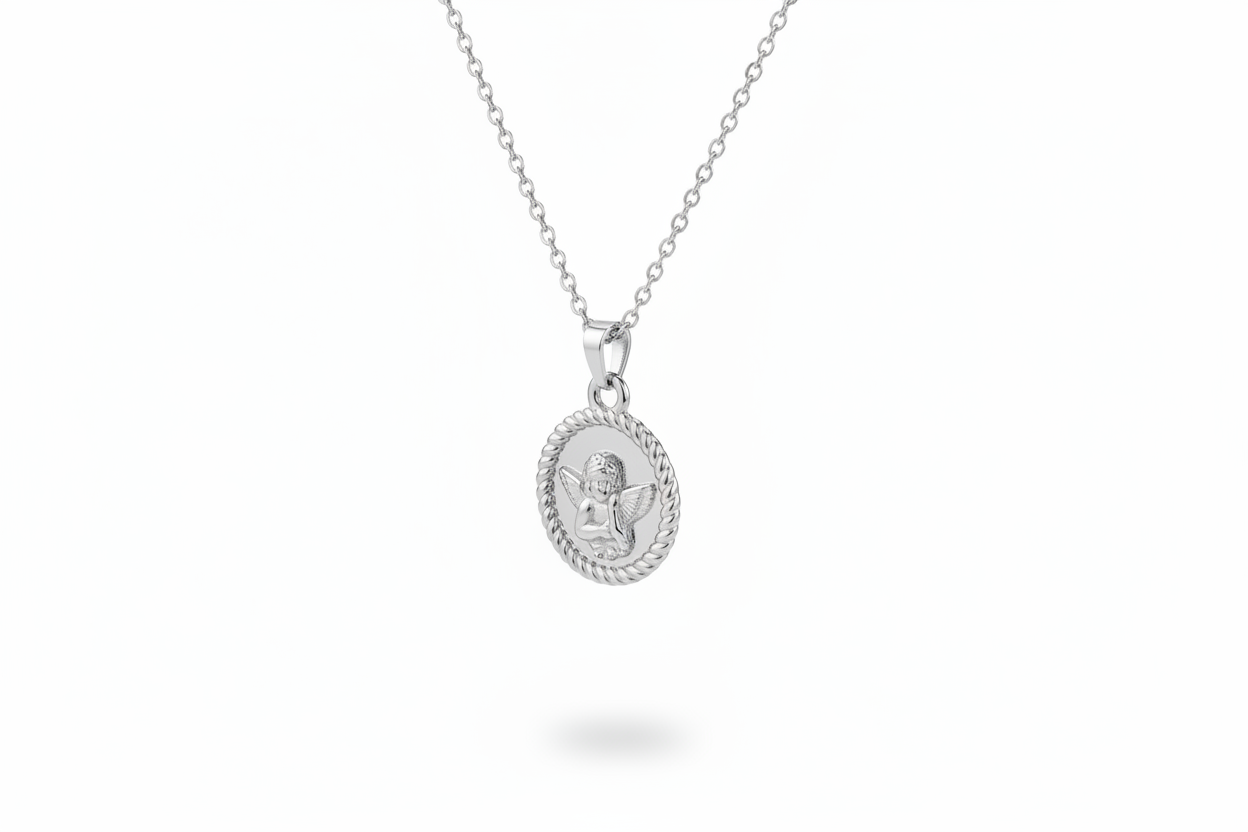 Collana argento con medaglione angelo - vista laterale