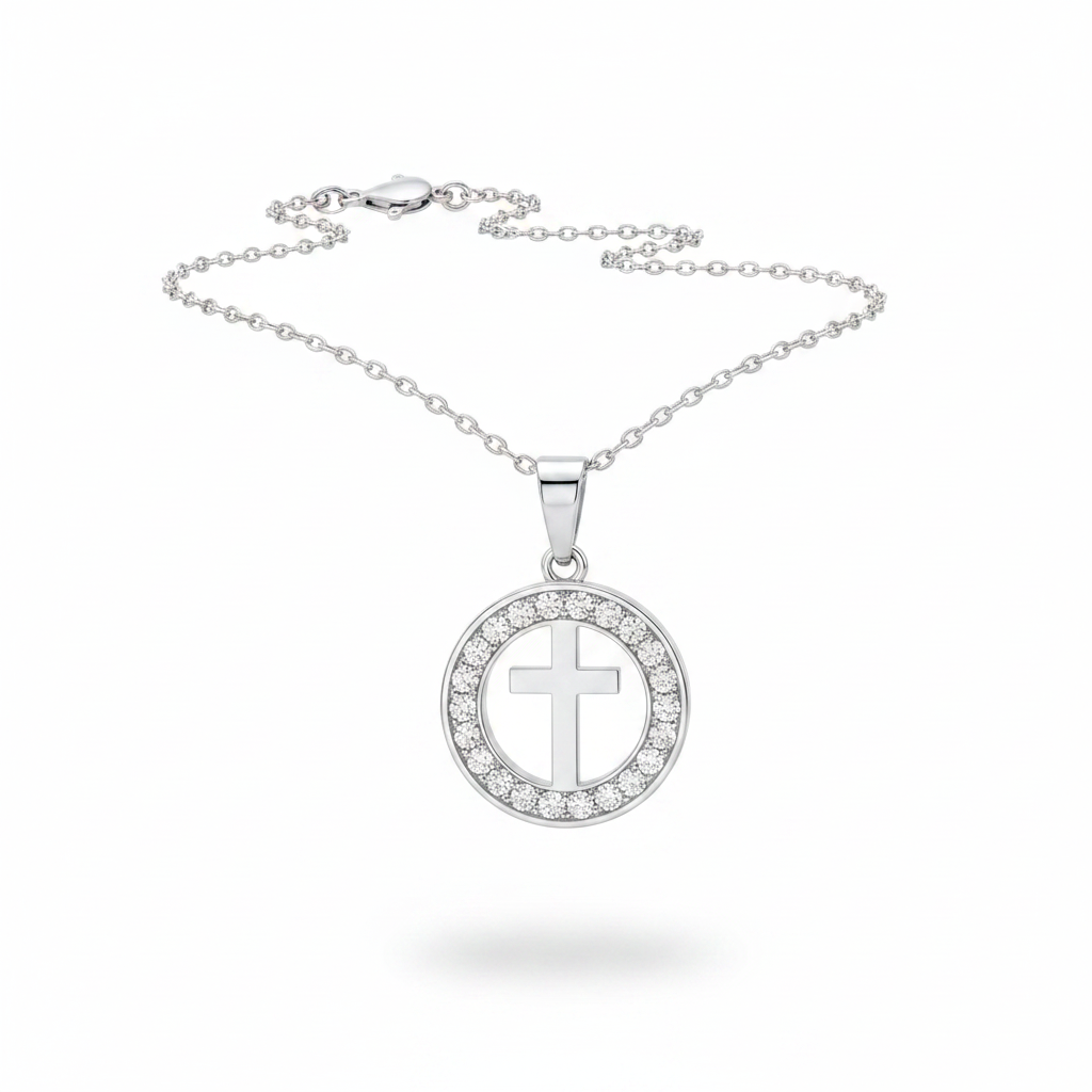 Collana croce cerchio pavé argento