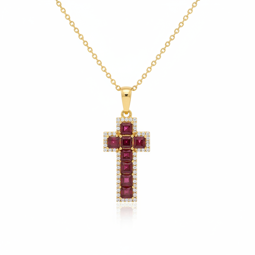 Collana croce con gemme rosse - sfondo bianco