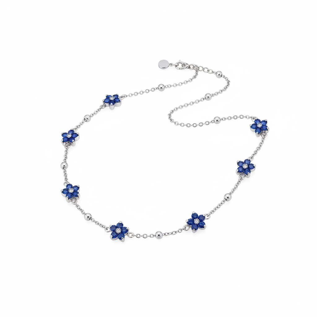 Collana fiori blu - catena argento sfondo bianco