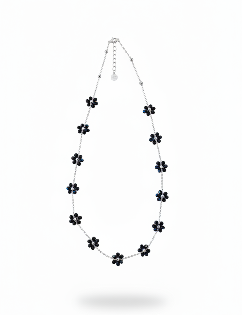 Collana fiori cristallo neri - catenina argento verticale
