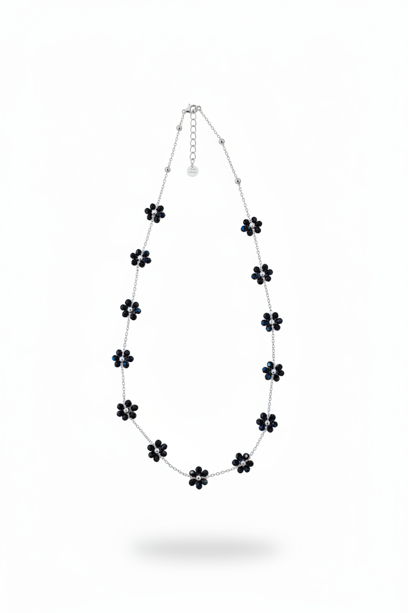 Collana fiori cristallo neri - catenina argento verticale
