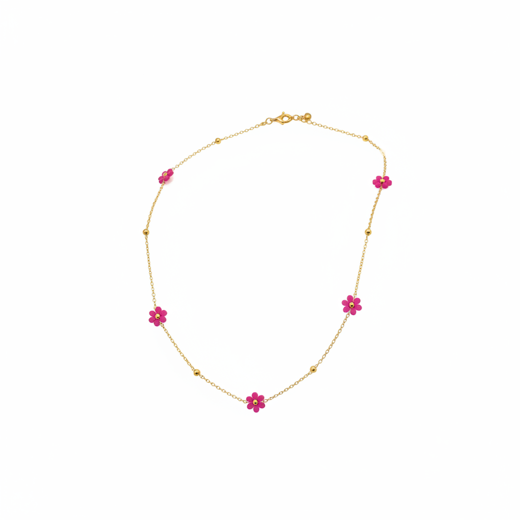 Collana fiori fucsia - catena oro sfondo bianco