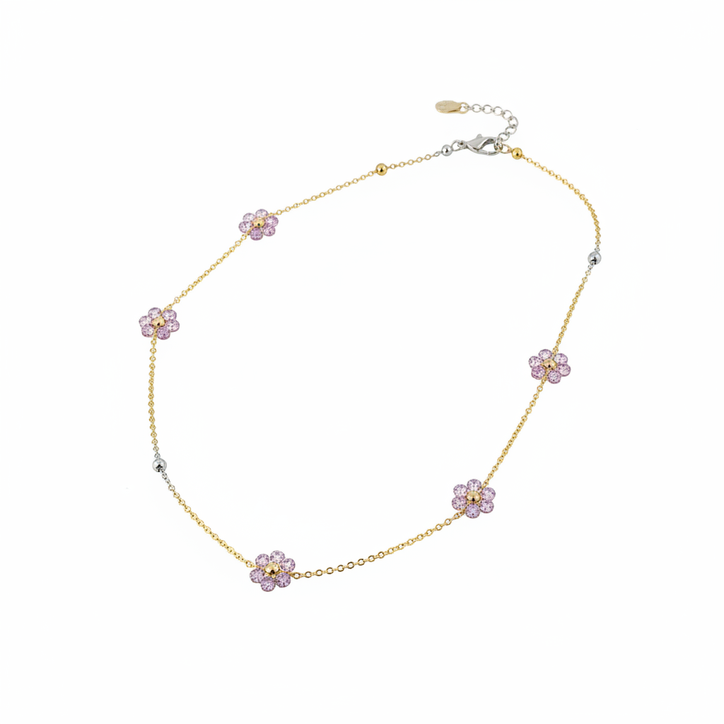 Collana fiori lilla - catena argento sfondo bianco