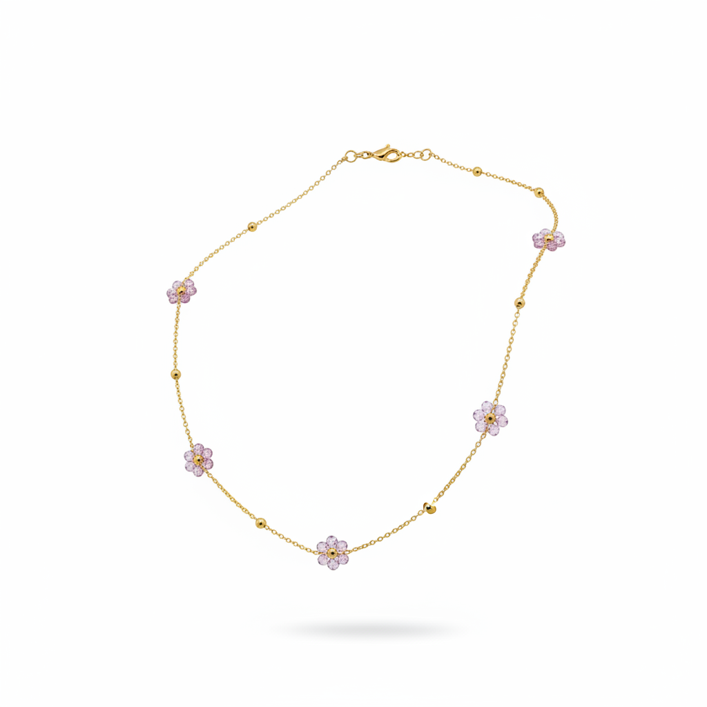 Collana fiori lilla - catena oro sfondo bianco