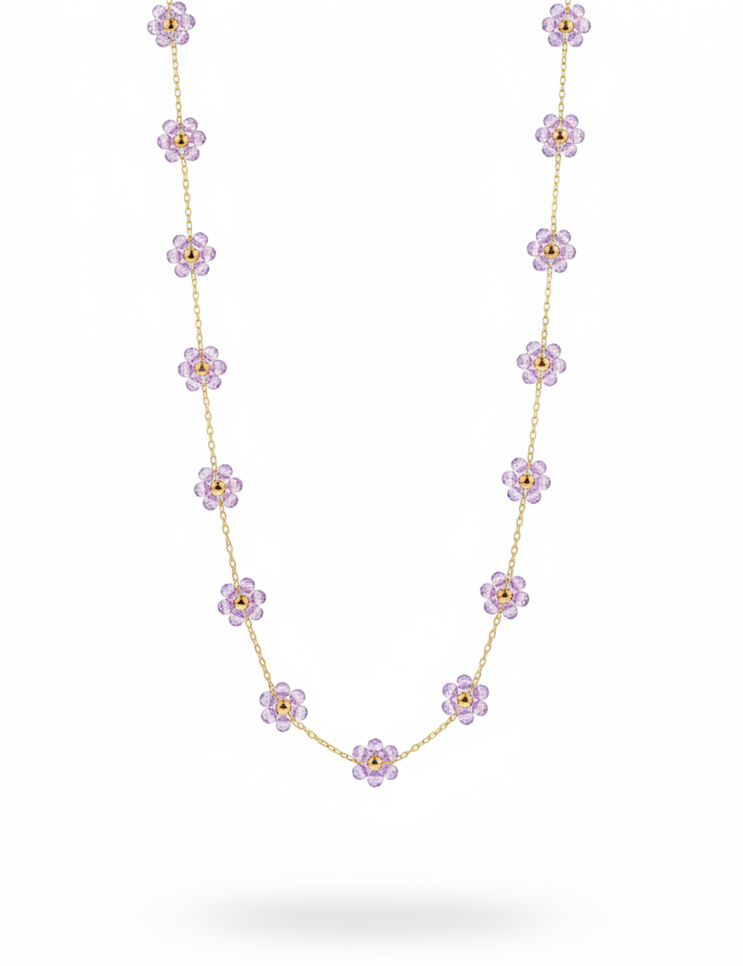 Collana fiori lilla cristallo catenina gold - verticale