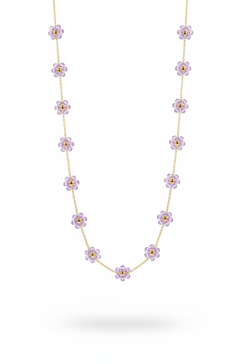 Collana fiori lilla cristallo catenina gold - verticale