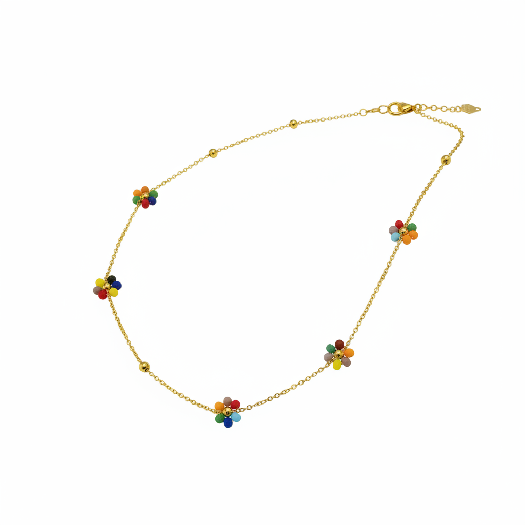 Collana fiori multicolor - catena oro sfondo bianco