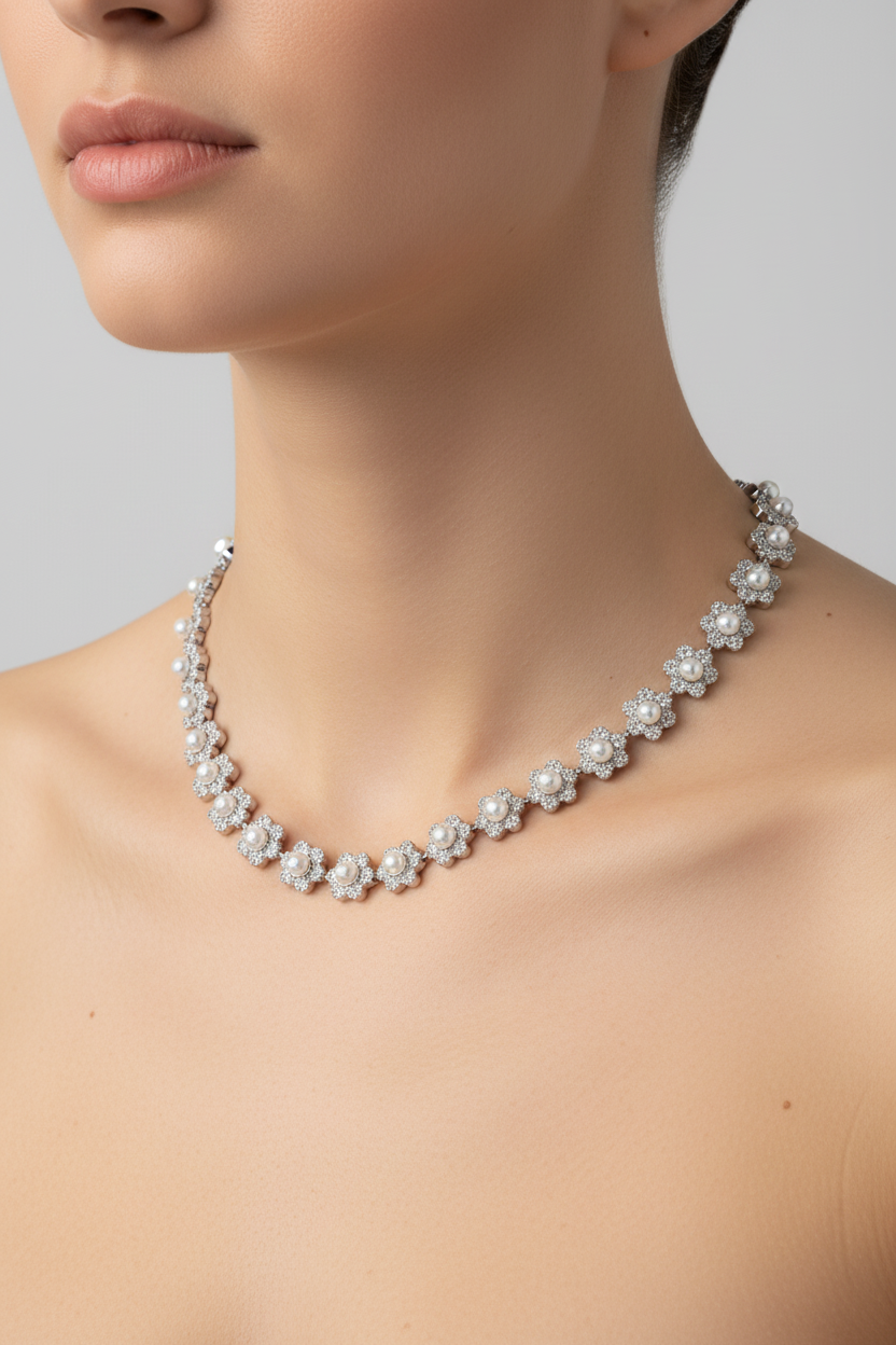 Collana Fiori Perla Argento - Indossata