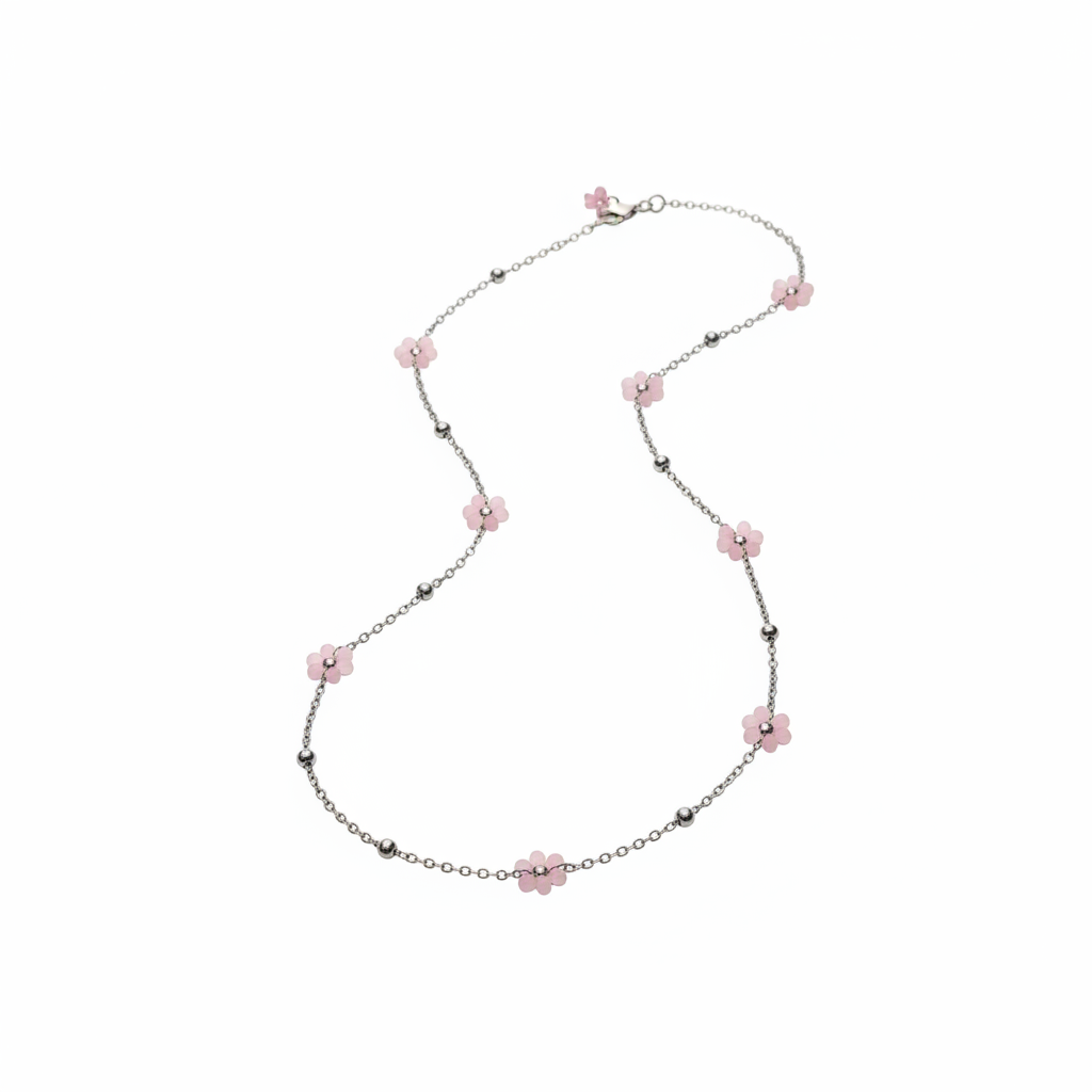 Collana fiori rosa - catena argento sfondo bianco