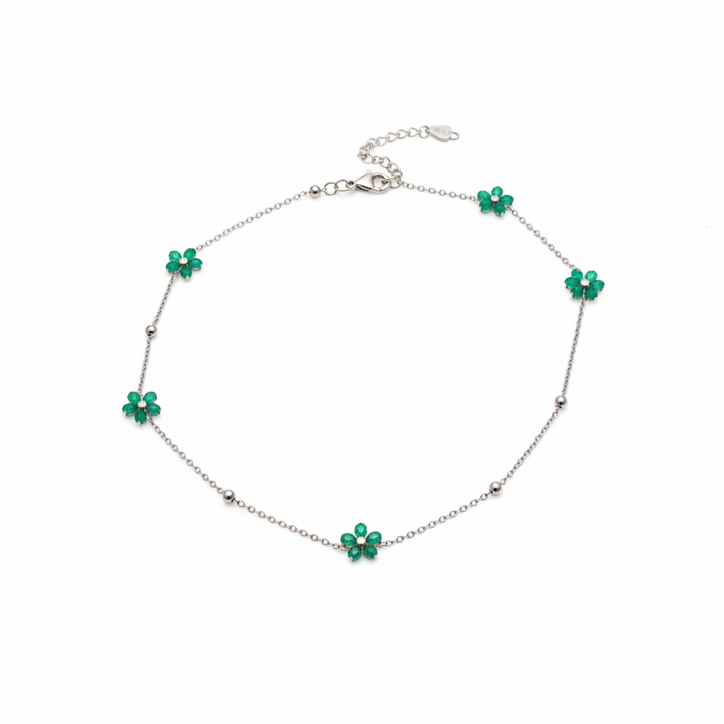 Collana fiori verdi - catena argento sfondo bianco