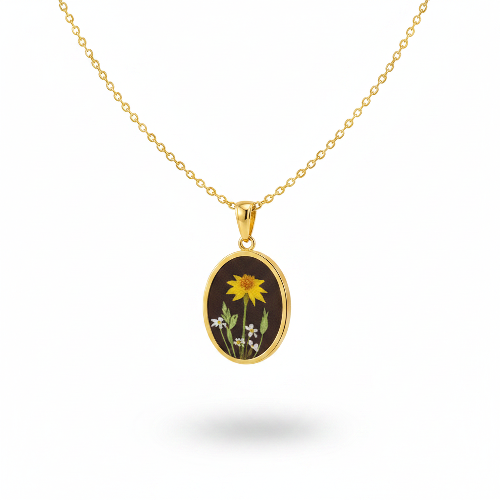 Collana pendente ovale oro - fiori botanici
