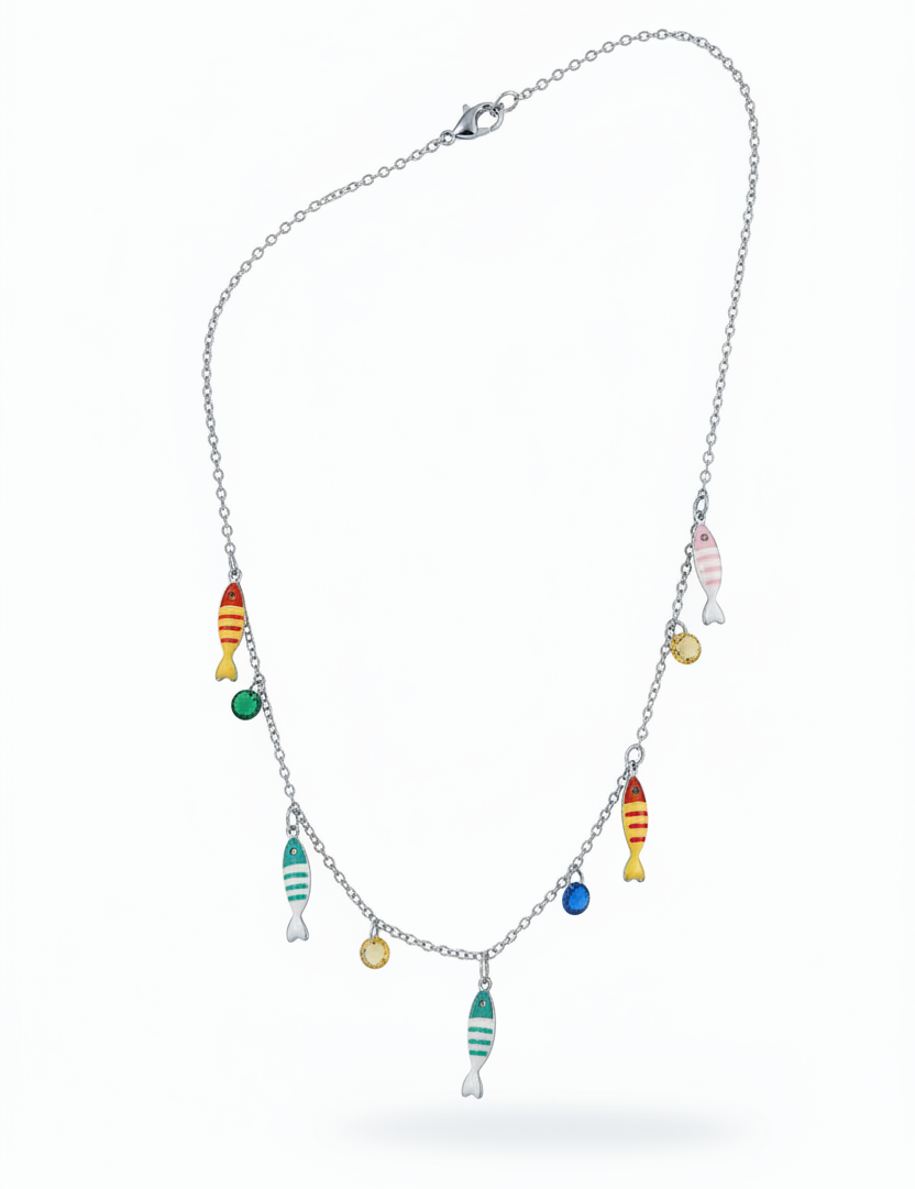 Collana pesciolini multicolore argento – fondo bianco