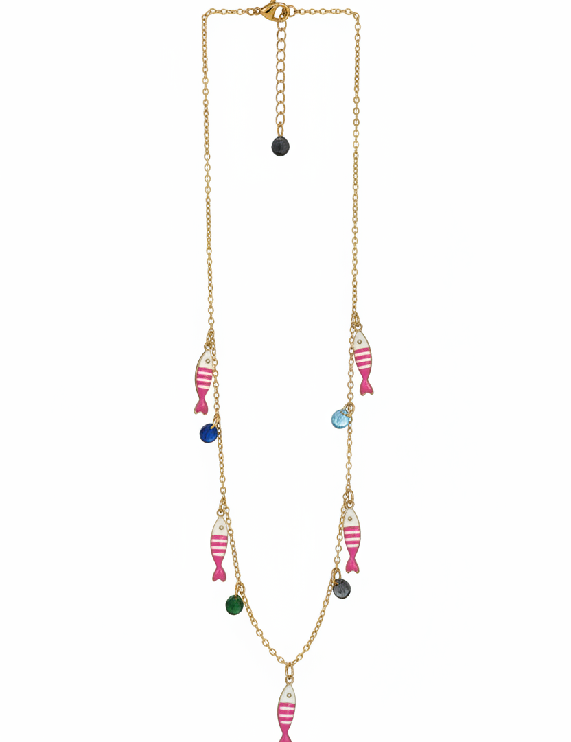 Collana pesciolini rosa fucsia oro – fondo bianco