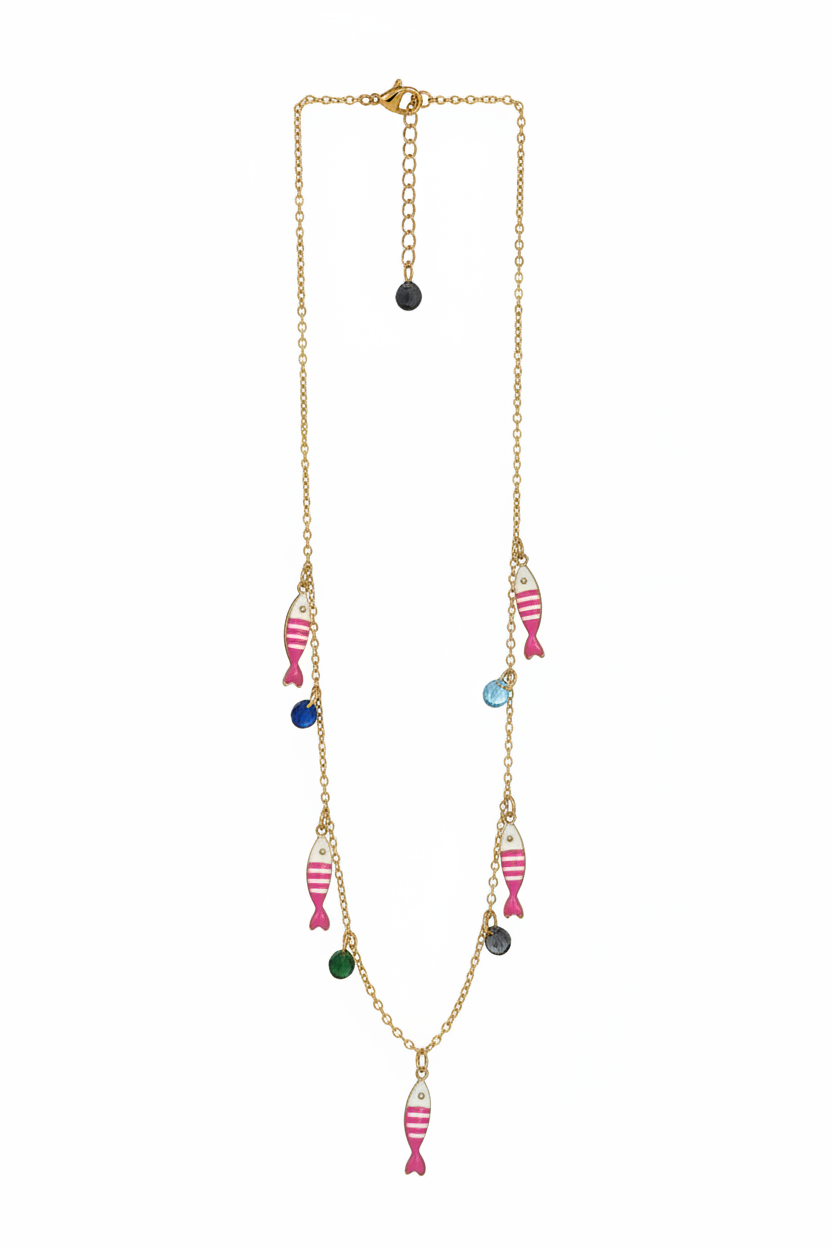 Collana pesciolini rosa fucsia oro – fondo bianco