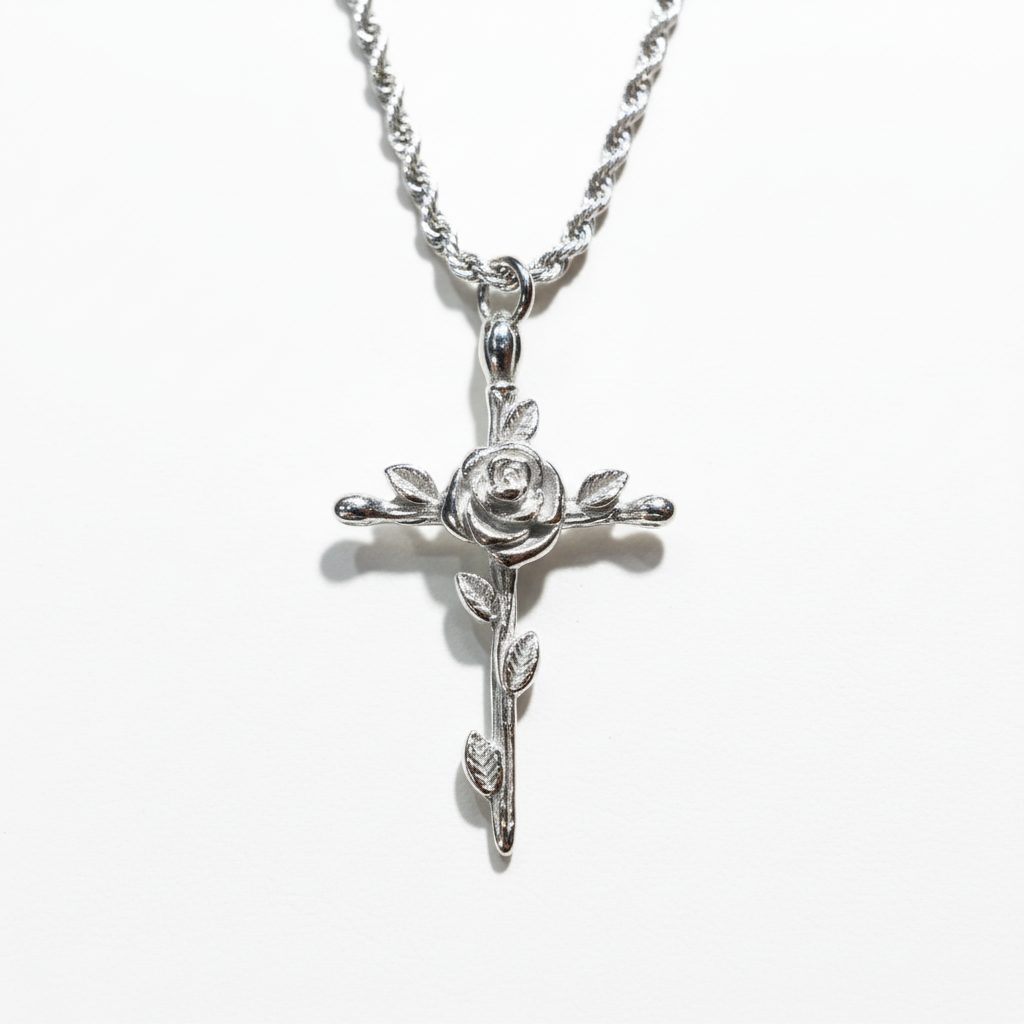 Collana rosa e spada argento - frontale