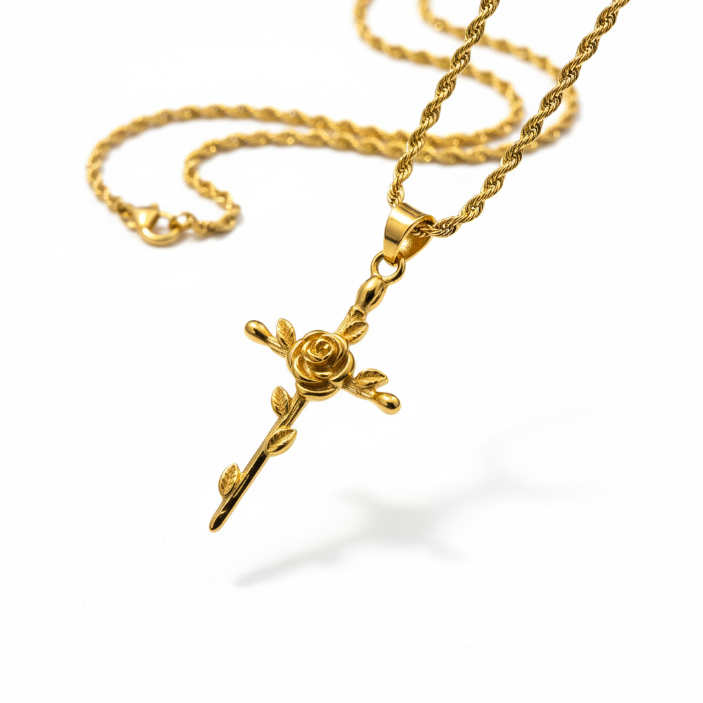 Collana rosa e spada oro - fluttuante