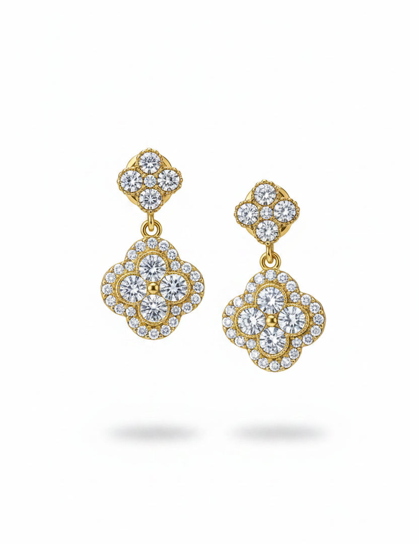 Gold two-tier clover drop earrings