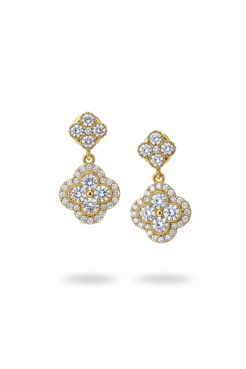 Gold two-tier clover drop earrings