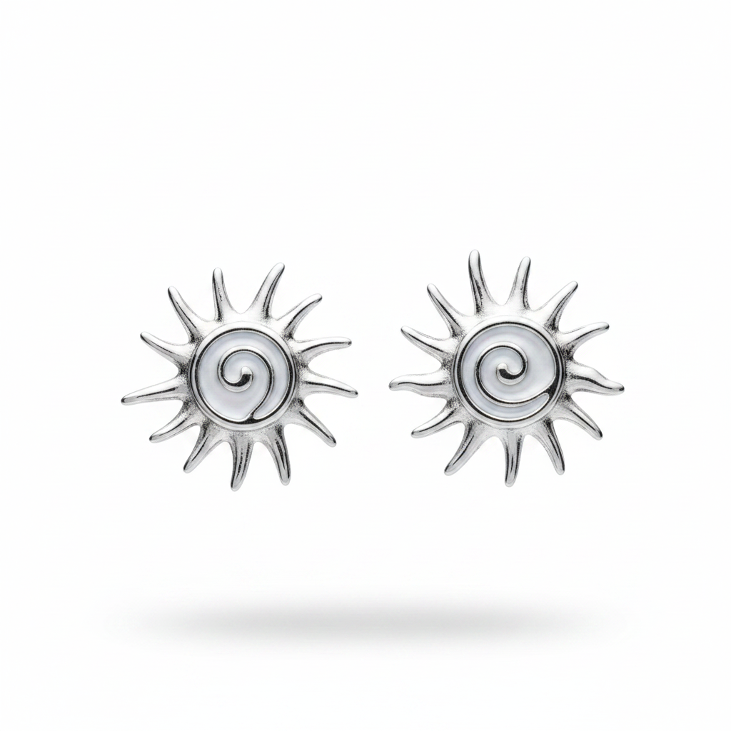 Orecchini sole argento smalto bianco perlato